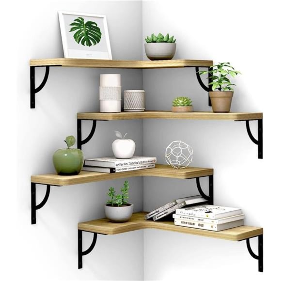 Corner Floating Shelves Wall Mounted Set of 4, Wood Display Storage Wall Shelves - Picture 1 of 5